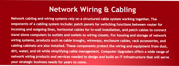 Network Wiring & Cabling Network cabling and wiring systems rely on a structured cable system working together. The omponents of a cabling system include: patch panels for switching functions between router for incoming and outgoing lines, horizontal cables for in-wall installation, and patch cables to connect stand alone computers to outlets and outlets to wiring closets. For housing and storage of network wiring systems, products such as cable troughs, wireways, enclosure cables, rack accessories, and cabling cabinets are also installed. These components protect the wiring and equipment from dust, dirt, water, and oil while simplifying cable management. Computer Upgraders offers a wide range of network wiring products and services needed to design and build an IT infrastructure that will serve your strategic business needs for years to come.