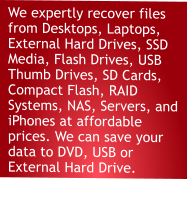 We expertly recover files from Desktops, Laptops, External Hard Drives, SSD Media, Flash Drives, USB Thumb Drives, SD Cards, Compact Flash, RAID Systems, NAS, Servers, and iPhones at affordable prices. We can save your data to DVD, USB or External Hard Drive.